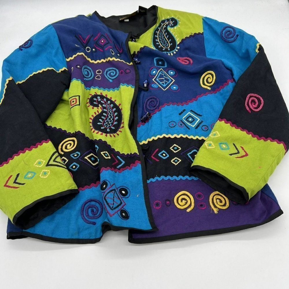 Alex Kim by Allure Multicolor Embroidered Patchwork Abstract Button Up Jacket L